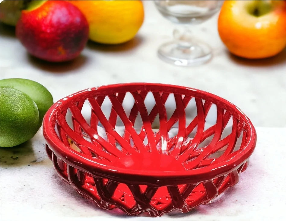 Red Porcelain Lattice Weave Woven Ceramic Decorative Bread/Fruit Bread Bowl Basket, 10" ROUND