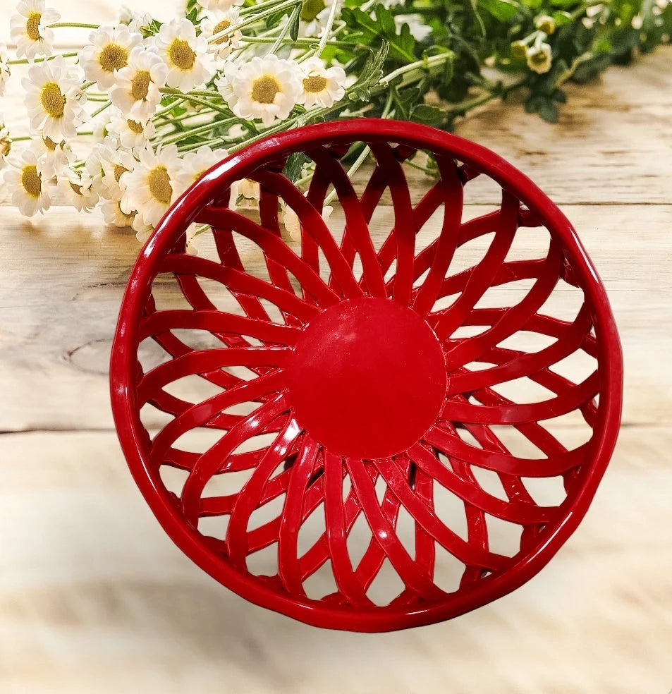 Red Porcelain Lattice Weave Woven Ceramic Decorative Bread/Fruit Bread Bowl Basket, 10" ROUND