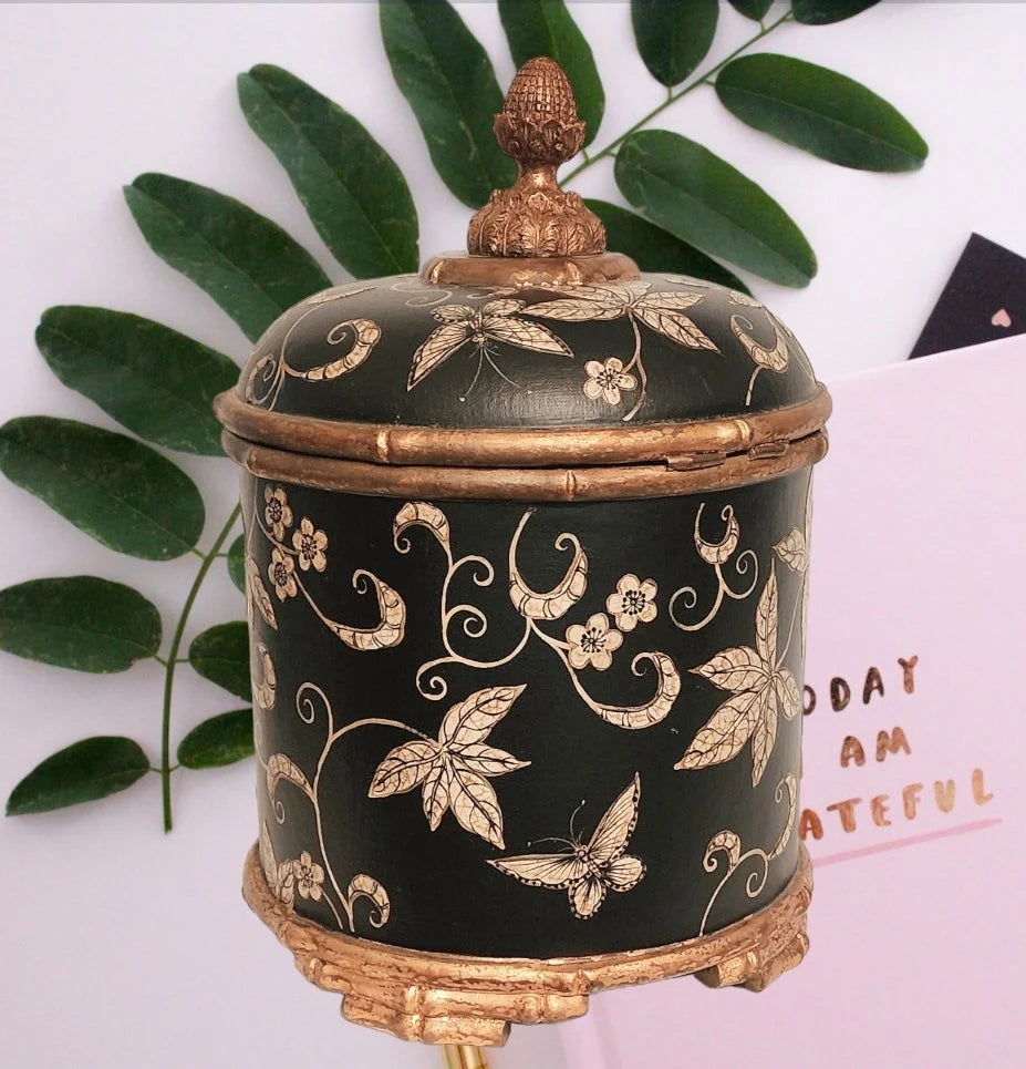 Vintage Asian Decorative Gilded Leaf Wooden Castilian Imports Table Box Footed Chest ~ 15"×10"