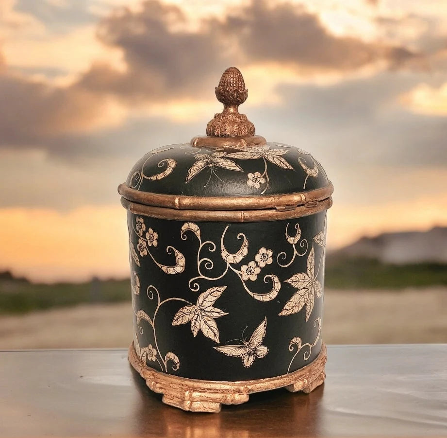 Vintage Asian Decorative Gilded Leaf Wooden Castilian Imports Table Box Footed Chest ~ 15"×10"