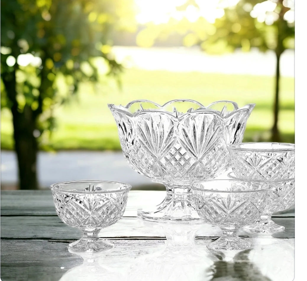 Dublin Crystal 5 Piece Scalloped Footed Trifle Bowl 75oz & Ice Cream Bowl 10oz Set - Timeless Treasures Emporium1