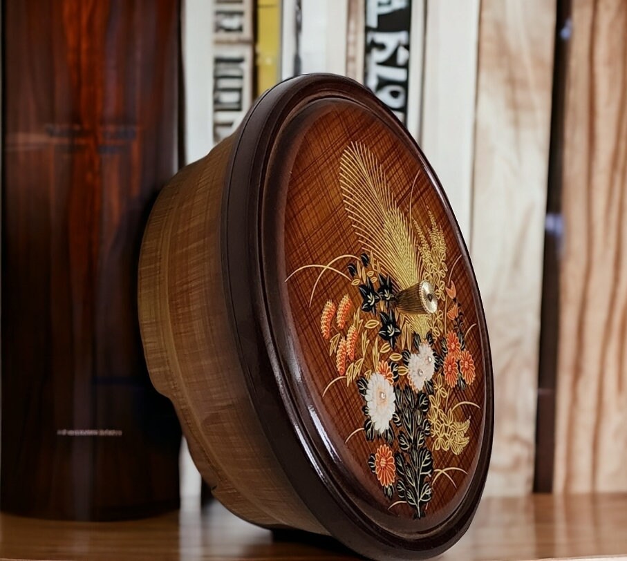 Vintage Lacquerware Faux Wood 1960’s Otagiri Plastic Lidded Brown Wheat w/Orange Floral Dish / Case / Box ~ 3-Piece Set