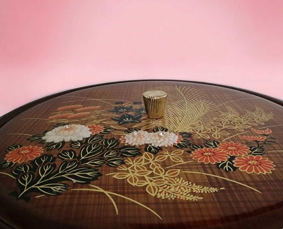 Vintage Lacquerware Faux Wood 1960’s Otagiri Plastic Lidded Brown Wheat w/Orange Floral Dish / Case / Box ~ 3-Piece Set