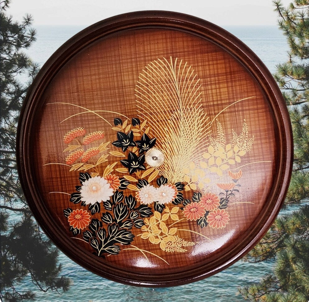 Vintage Lacquerware Faux Wood 1960’s Otagiri Plastic Lidded Brown Wheat w/Orange Floral Dish / Case / Box ~ 3-Piece Set