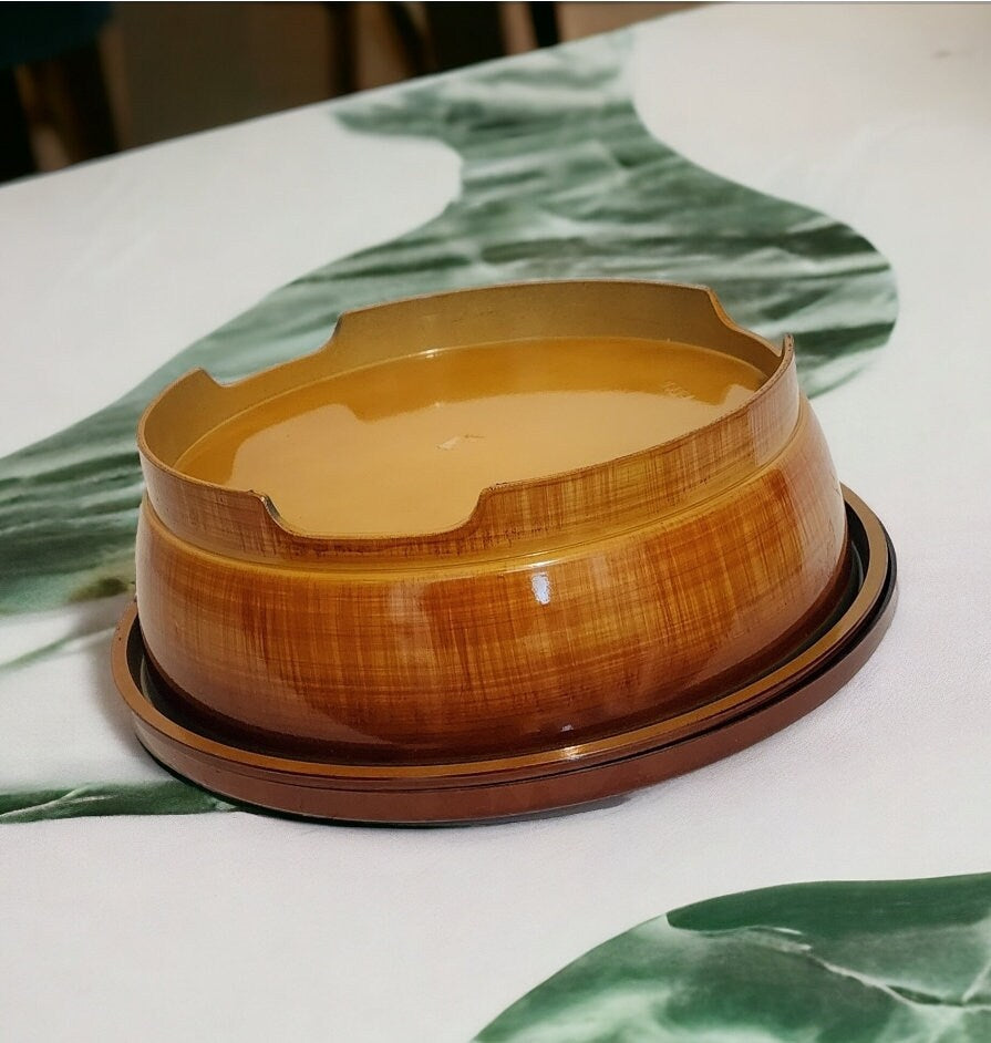 Vintage Lacquerware Faux Wood 1960’s Otagiri Plastic Lidded Brown Wheat w/Orange Floral Dish / Case / Box ~ 3-Piece Set