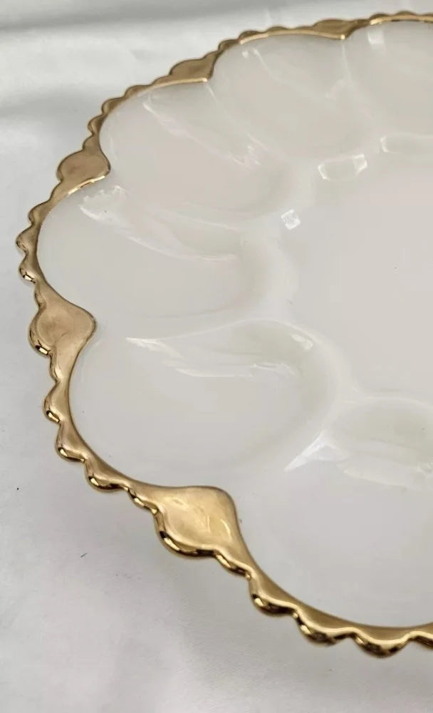 Vintage Anchor Hocking White Milk Glass Oyster / Deviled Egg Plate Server Dish With Gold Trim ~ 10"