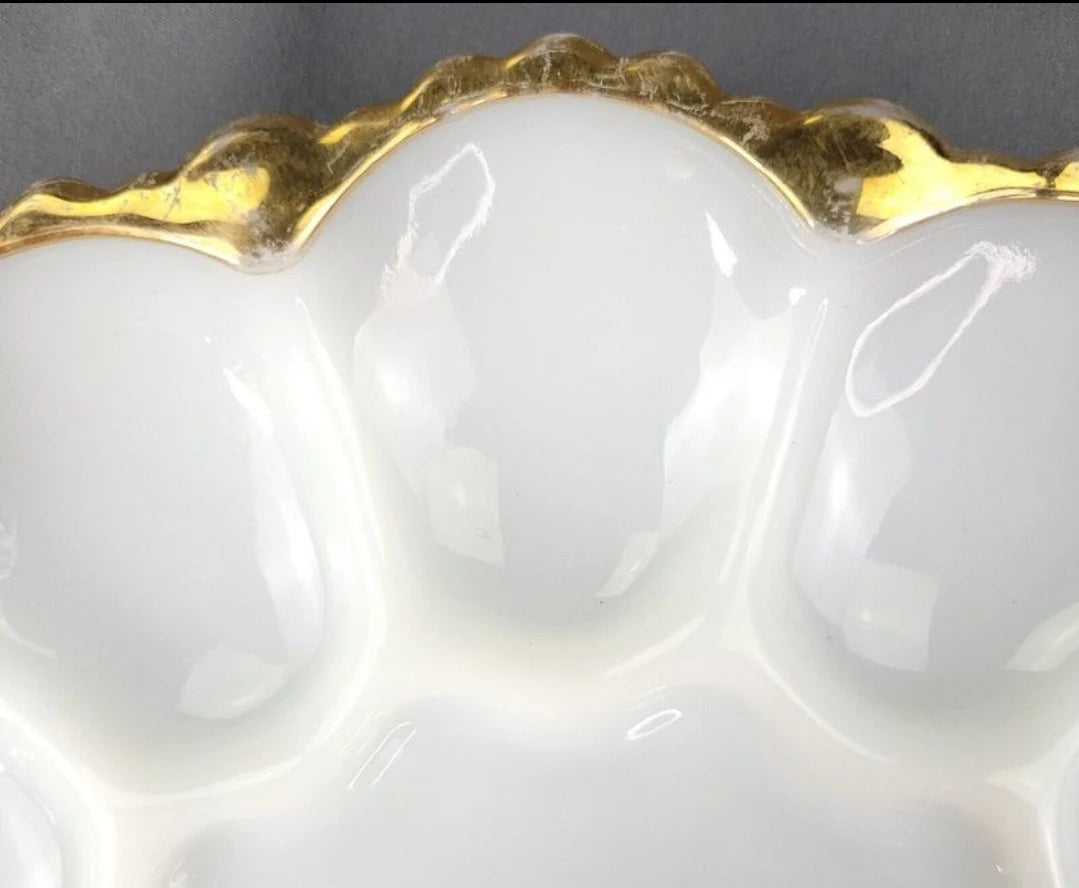 Vintage Anchor Hocking White Milk Glass Oyster / Deviled Egg Plate Server Dish With Gold Trim ~ 10"