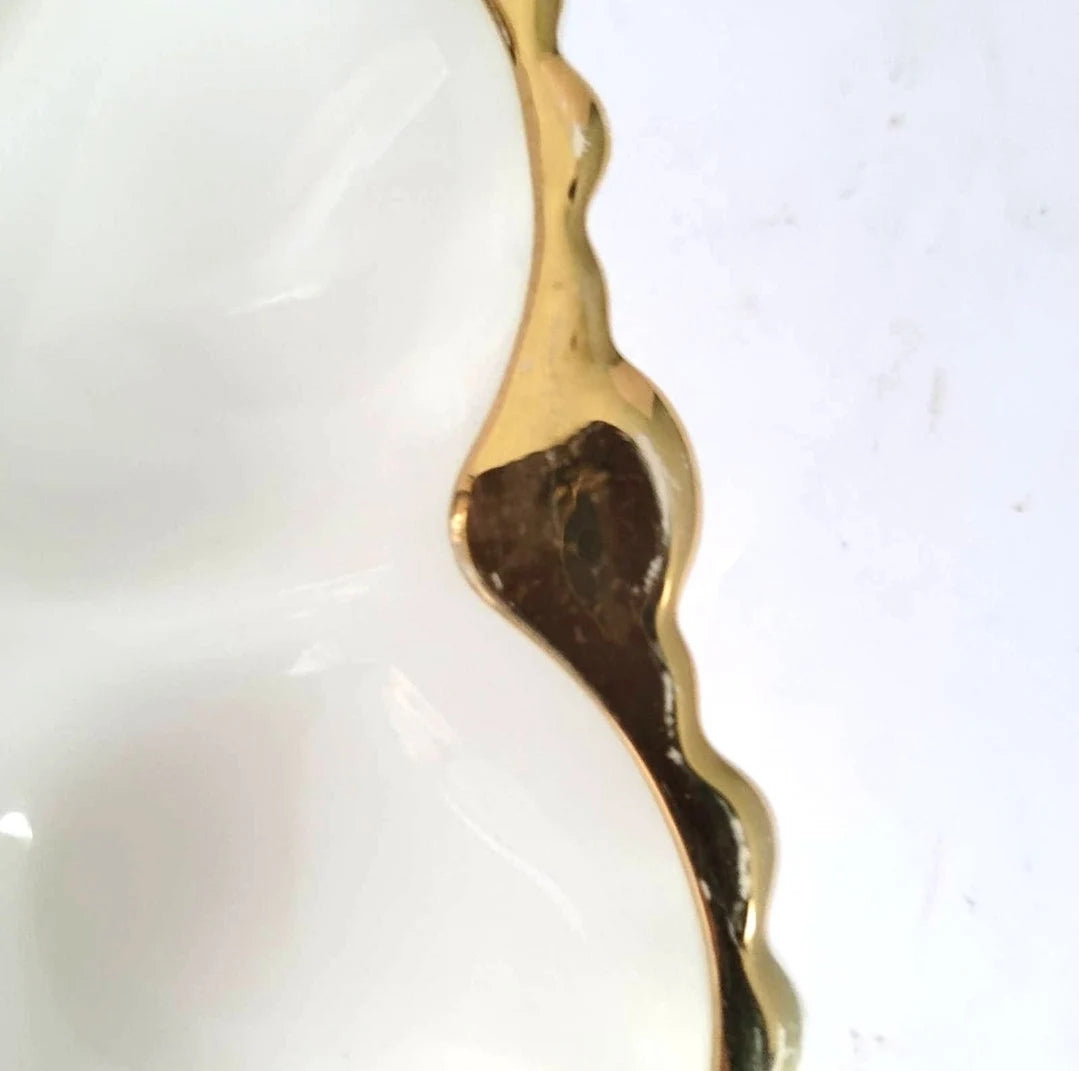 Vintage Anchor Hocking White Milk Glass Oyster / Deviled Egg Plate Server Dish With Gold Trim ~ 10"