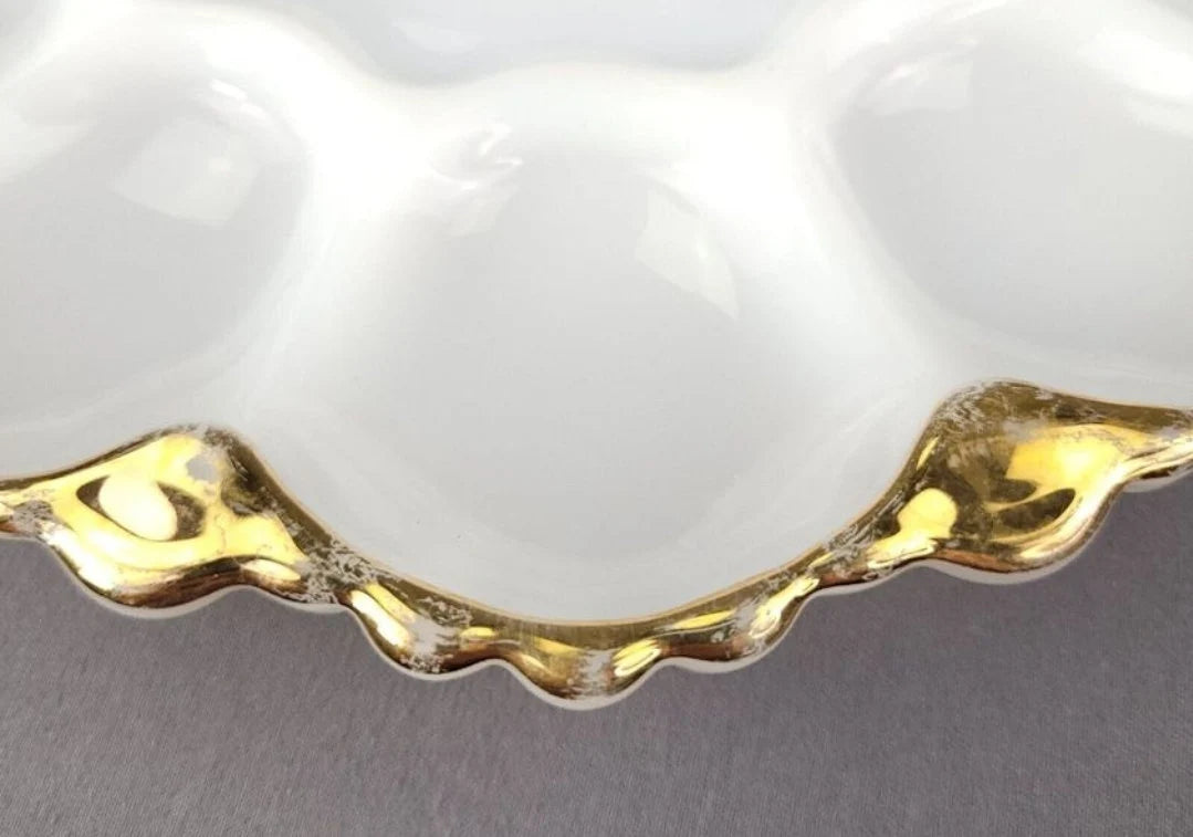 Vintage Anchor Hocking White Milk Glass Oyster / Deviled Egg Plate Server Dish With Gold Trim ~ 10"