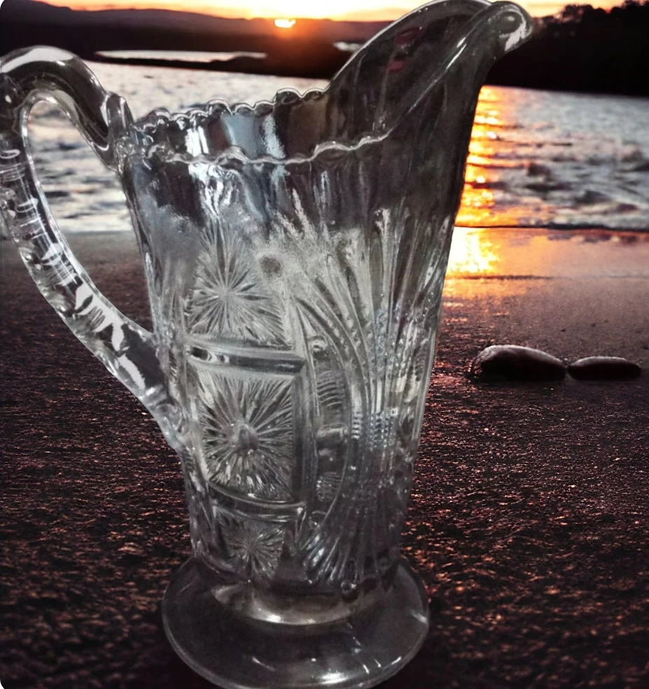 Jenkins Square Sunburst No. 600 Clear Glass Pitcher 1910 - Timeless Treasures Emporium1