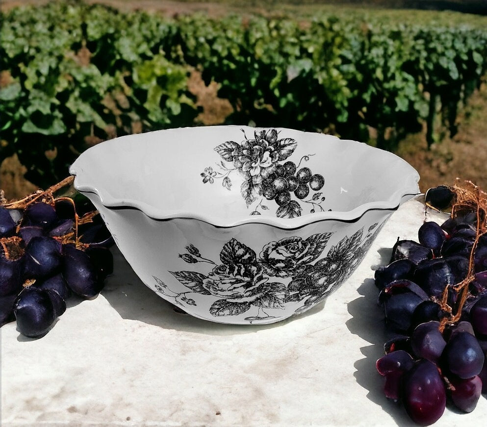 Large TOILE Black on White Decorative Bowl Grapes and Roses Design Porcelain Serving Bowl ~ 10" Wide - Timeless Treasures Emporium1