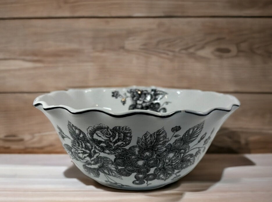 Large TOILE Black on White Decorative Bowl Grapes and Roses Design Porcelain Serving Bowl ~ 10" Wide - Timeless Treasures Emporium1
