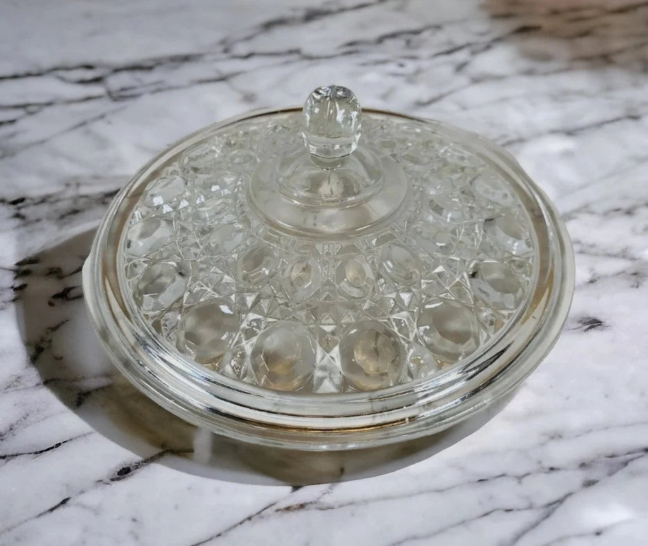 Vintage Indiana Glass Clear Covered Candy Dish With Lid Windsor Royal Brighton Button and Cane Pattern - Timeless Treasures Emporium1