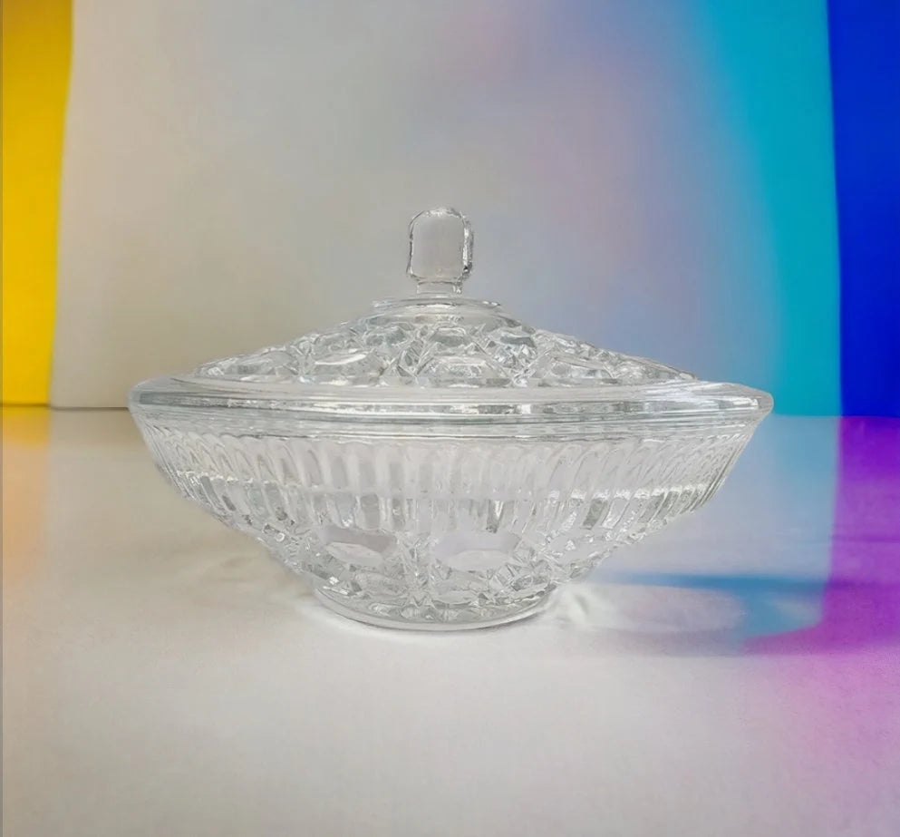 Vintage Indiana Glass Clear Covered Candy Dish With Lid Windsor Royal Brighton Button and Cane Pattern - Timeless Treasures Emporium1