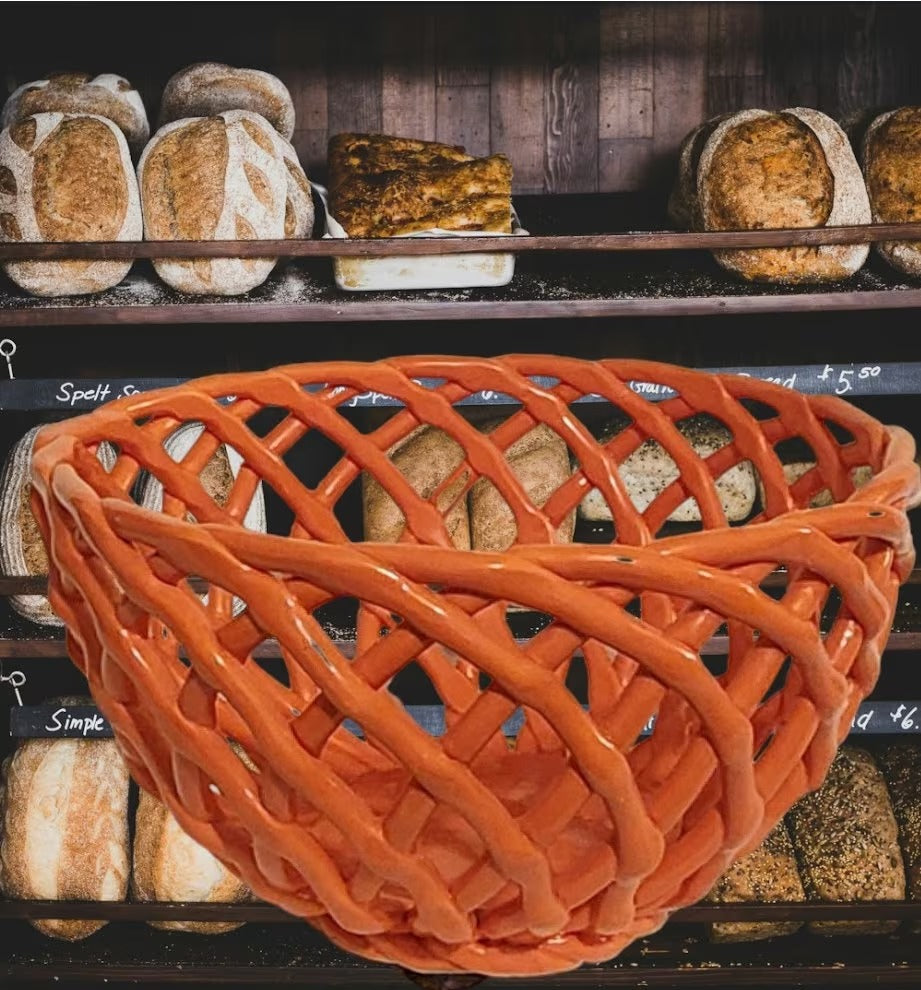 Orange Porcelain Open Weave Woven Ceramic Decorative Lattice Fruit Bread Bowl Basket, ROUND ~ 10"D x 5"H - Timeless Treasures Emporium1