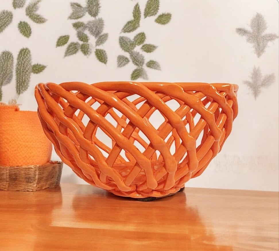 Orange Porcelain Open Weave Woven Ceramic Decorative Lattice Fruit Bread Bowl Basket, ROUND ~ 10"D x 5"H - Timeless Treasures Emporium1