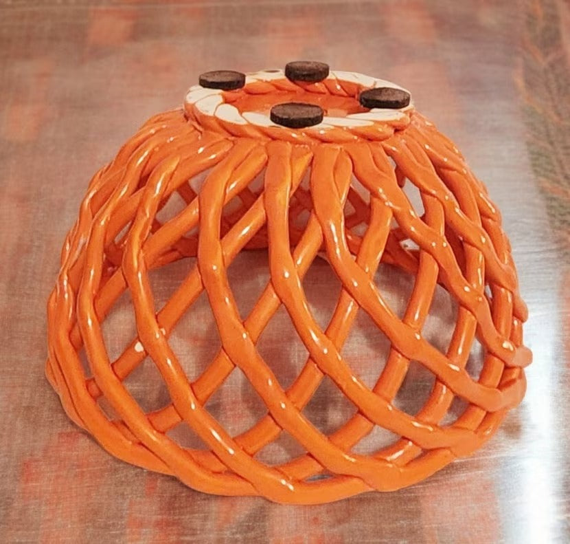 Orange Porcelain Open Weave Woven Ceramic Decorative Lattice Fruit Bread Bowl Basket, ROUND ~ 10"D x 5"H - Timeless Treasures Emporium1