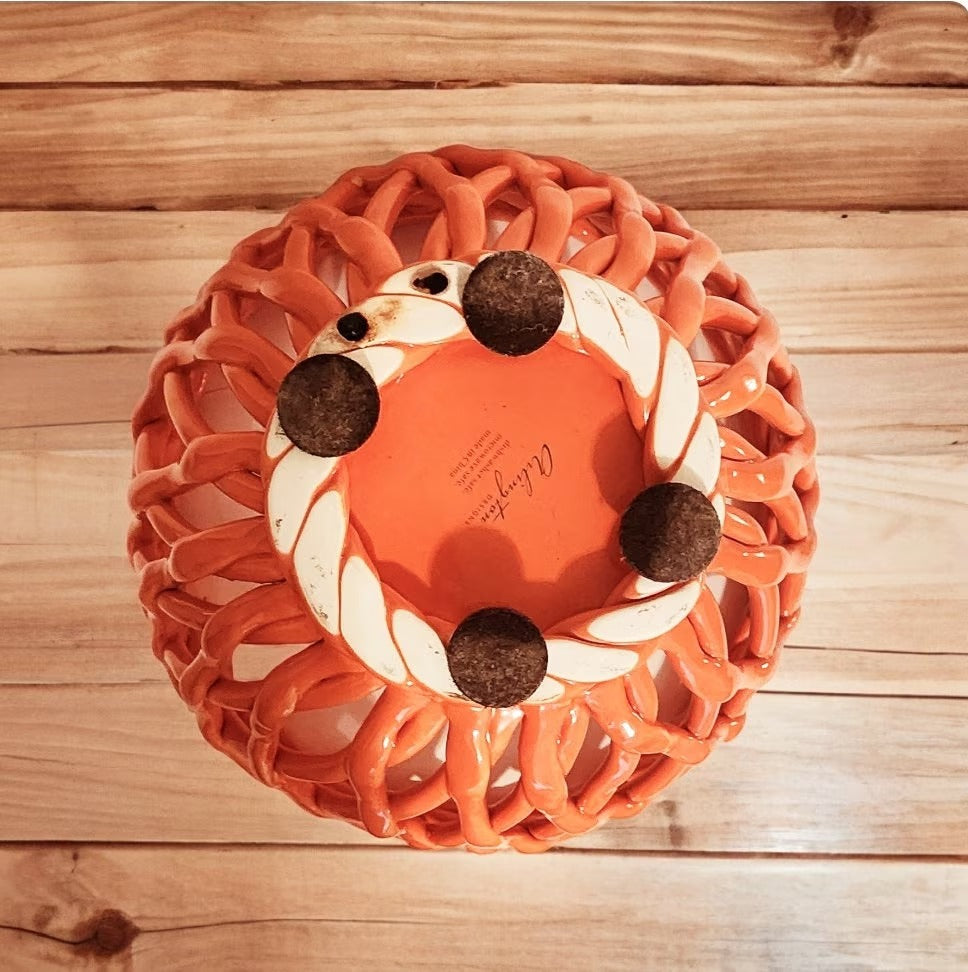 Orange Porcelain Open Weave Woven Ceramic Decorative Lattice Fruit Bread Bowl Basket, ROUND ~ 10"D x 5"H - Timeless Treasures Emporium1