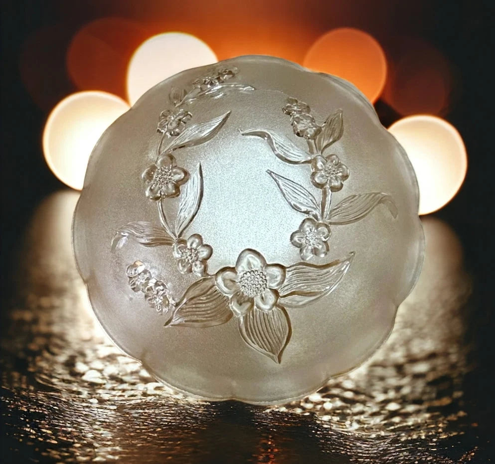 Glass Salad Bowl Dogwood Pattern On Frosted Background Vintage Scalloped Edge Glass Bowl with Embossed Flower Design - Timeless Treasures Emporium1