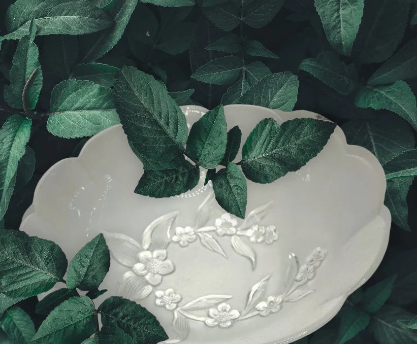 Glass Salad Bowl Dogwood Pattern On Frosted Background Vintage Scalloped Edge Glass Bowl with Embossed Flower Design - Timeless Treasures Emporium1