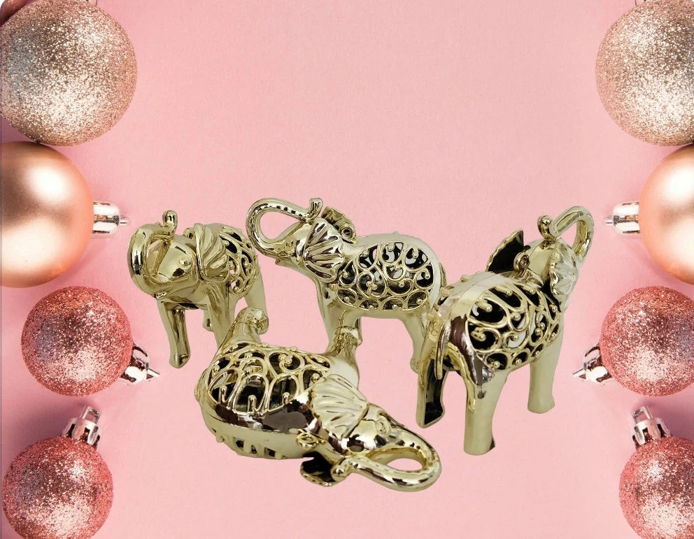 Gold Plastic Elephant Christmas Ornaments 4.5"x4"x2" (NIP) ~ Set of 4 - Timeless Treasures Emporium1