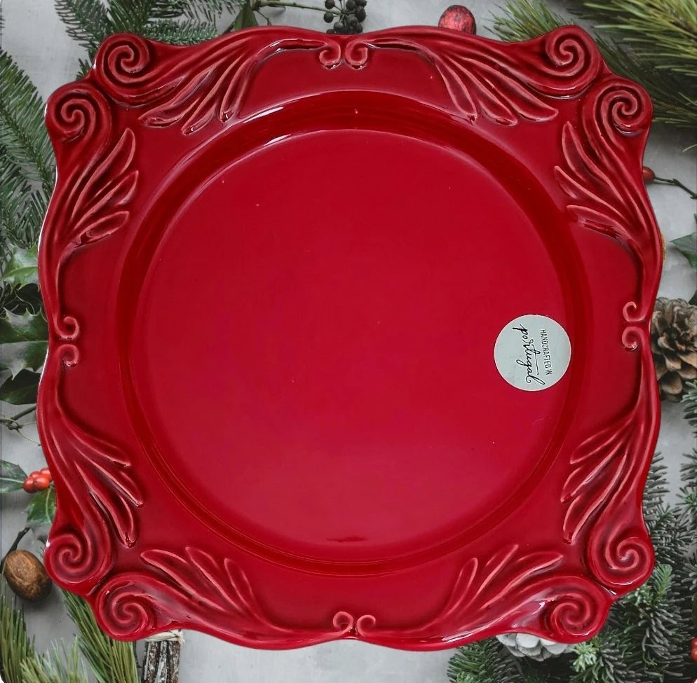 Red Portuguese Ceramic 12.75-inch Square Festive Pedestal Footed Cake/Dessert Plate Stand