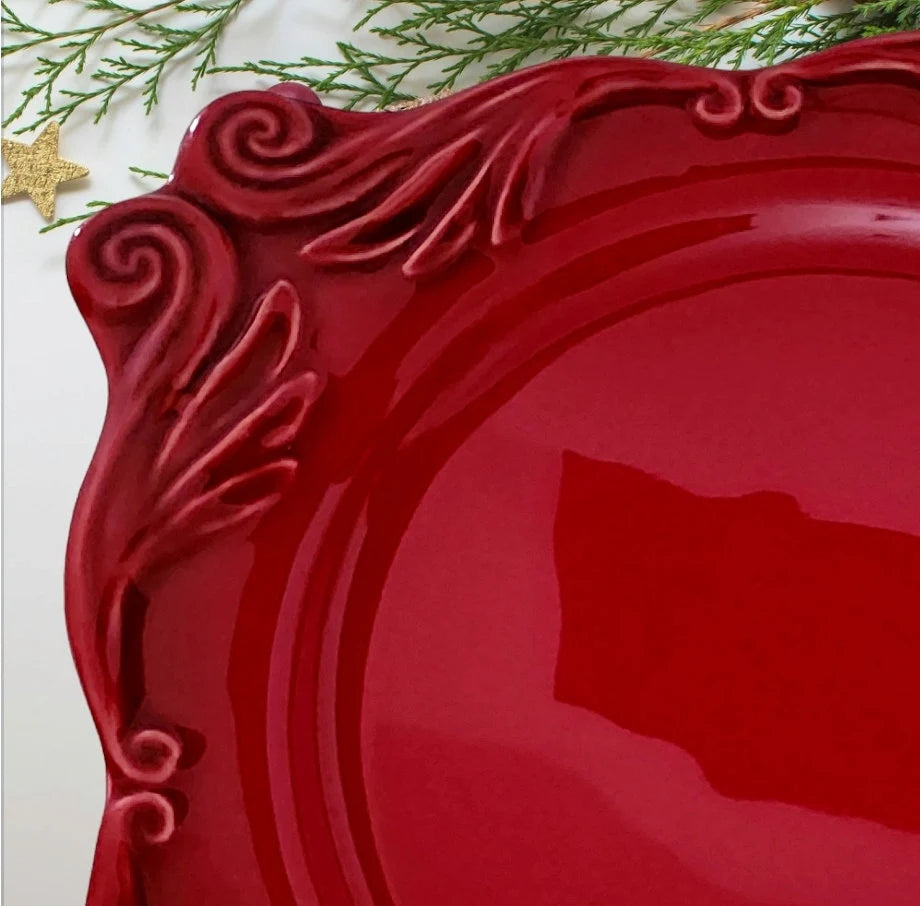Red Portuguese Ceramic 12.75-inch Square Festive Pedestal Footed Cake/Dessert Plate Stand