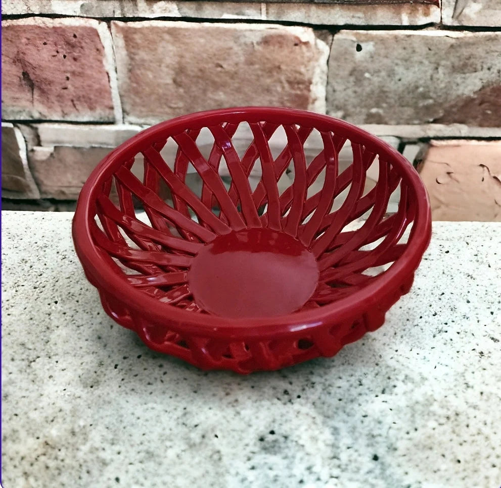Red Porcelain Lattice Weave Woven Ceramic Decorative Bread/Fruit Bread Bowl Basket, 10" ROUND