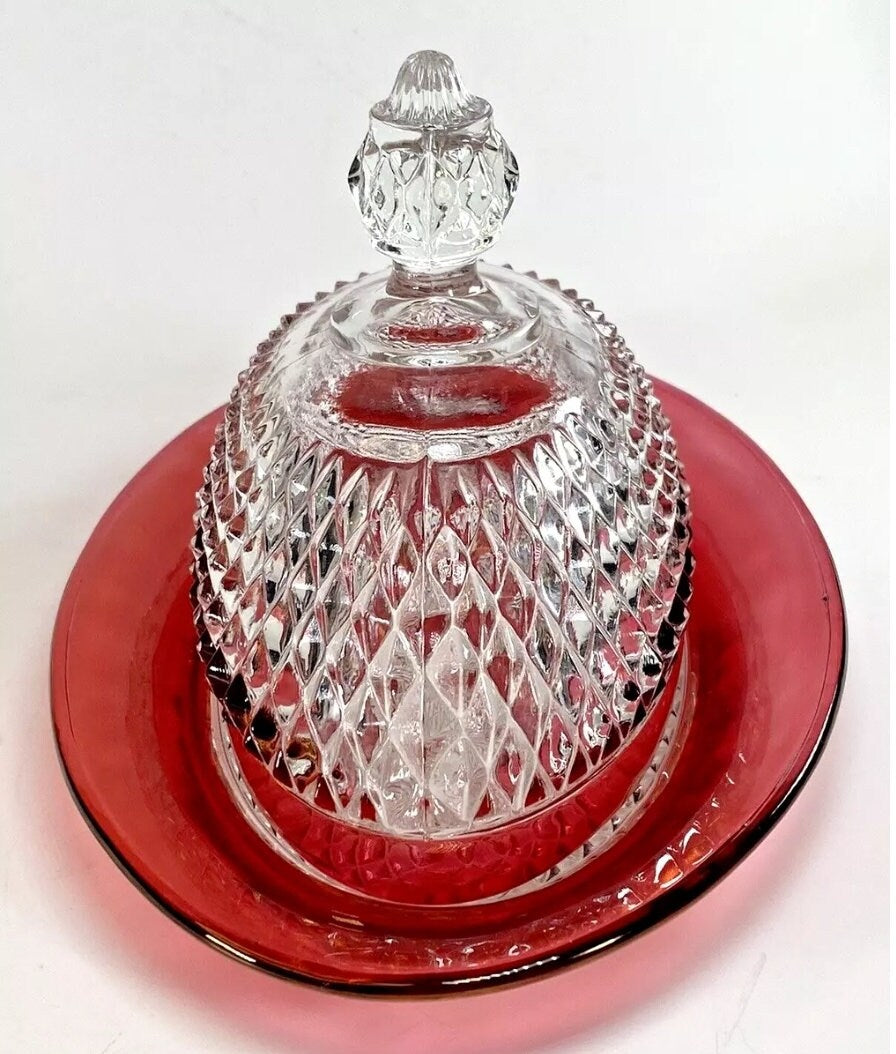 Vintage Indiana Glass Diamond Point Faceted Cranberry Red Flash Oval Large Covered Butter Dish - Timeless Treasures Emporium1
