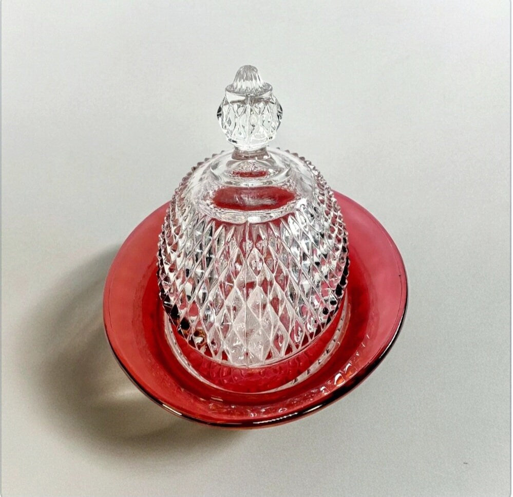 Vintage Indiana Glass Diamond Point Faceted Cranberry Red Flash Oval Large Covered Butter Dish - Timeless Treasures Emporium1