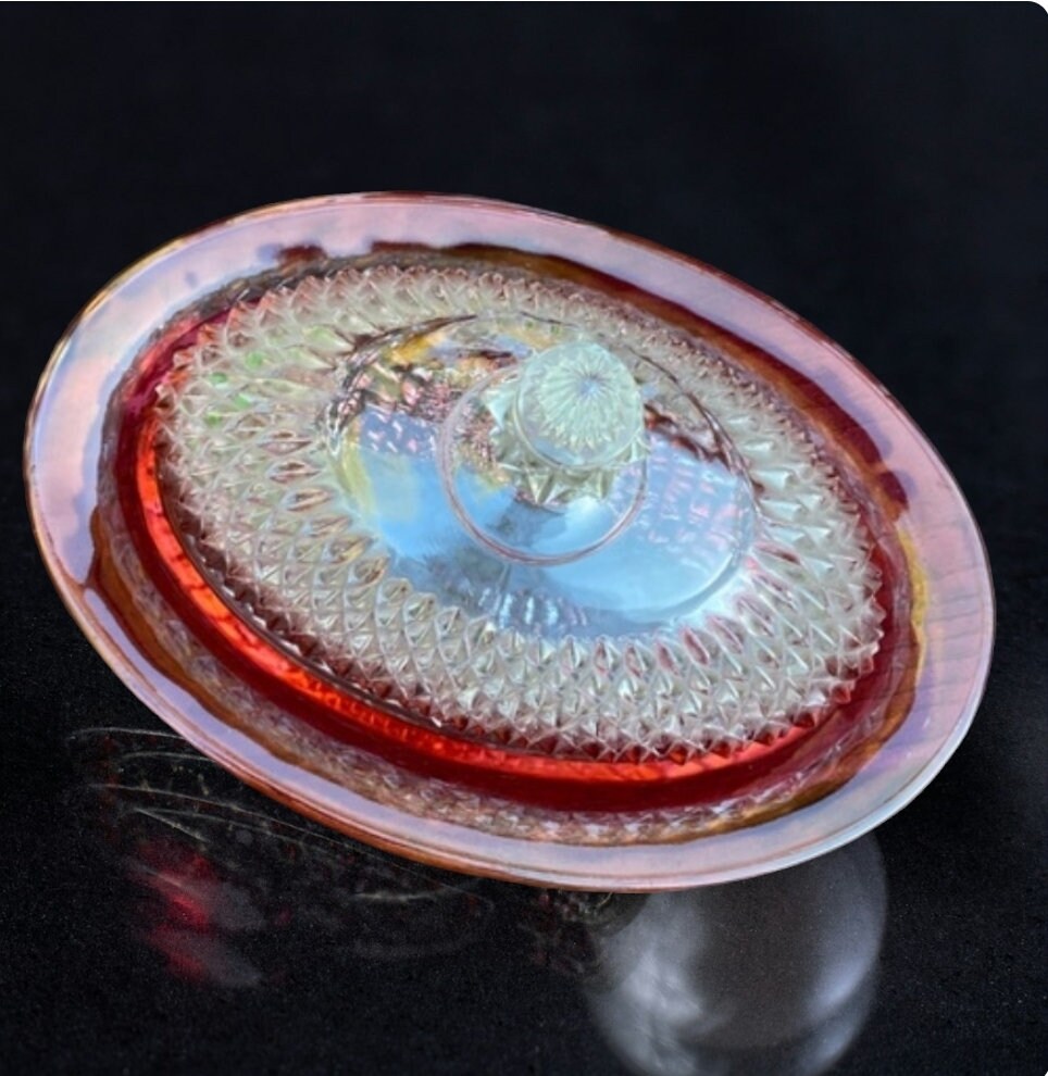 Vintage Indiana Glass Diamond Point Faceted Cranberry Red Flash Oval Large Covered Butter Dish - Timeless Treasures Emporium1
