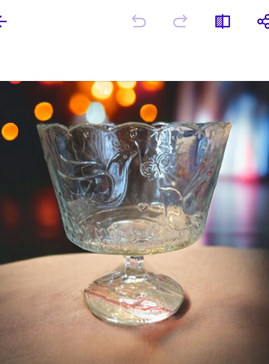 Vintage INDIANA GLASS Crystal Spring Garden Pattern Pedestal Trifle Bowl with Birds Butterflies Flowers Hearts & Scalloped Rim - Timeless Treasures Emporium1