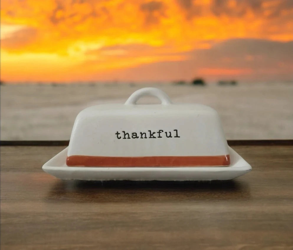 Happy Harvest "THANKFUL" Double Stick Butter Dish From Belle Maison ~ Rustic Stoneware - Timeless Treasures Emporium1