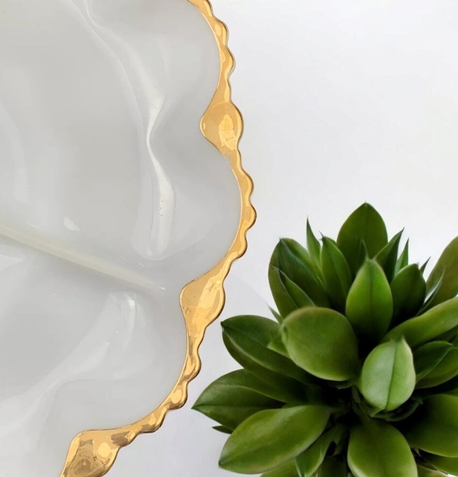 Vintage Milk Glass Three (3) Section Serving Plate Canapé Dish with Gilded Rim Gold Rim ~ 10”D x 1”T - Timeless Treasures Emporium1