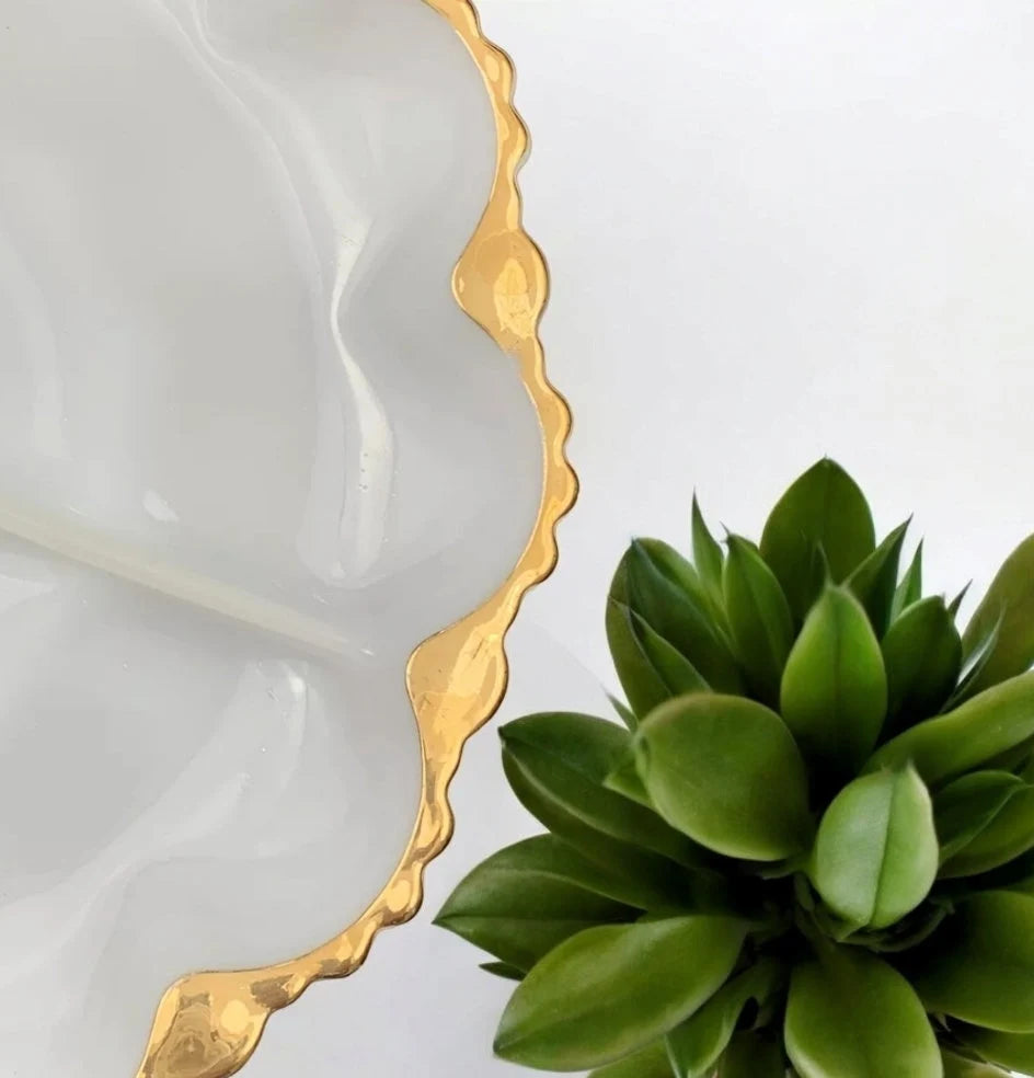 Vintage Milk Glass Three (3) Section Serving Plate Canapé Dish with Gilded Rim Gold Rim ~ 10”D x 1”T - Timeless Treasures Emporium1