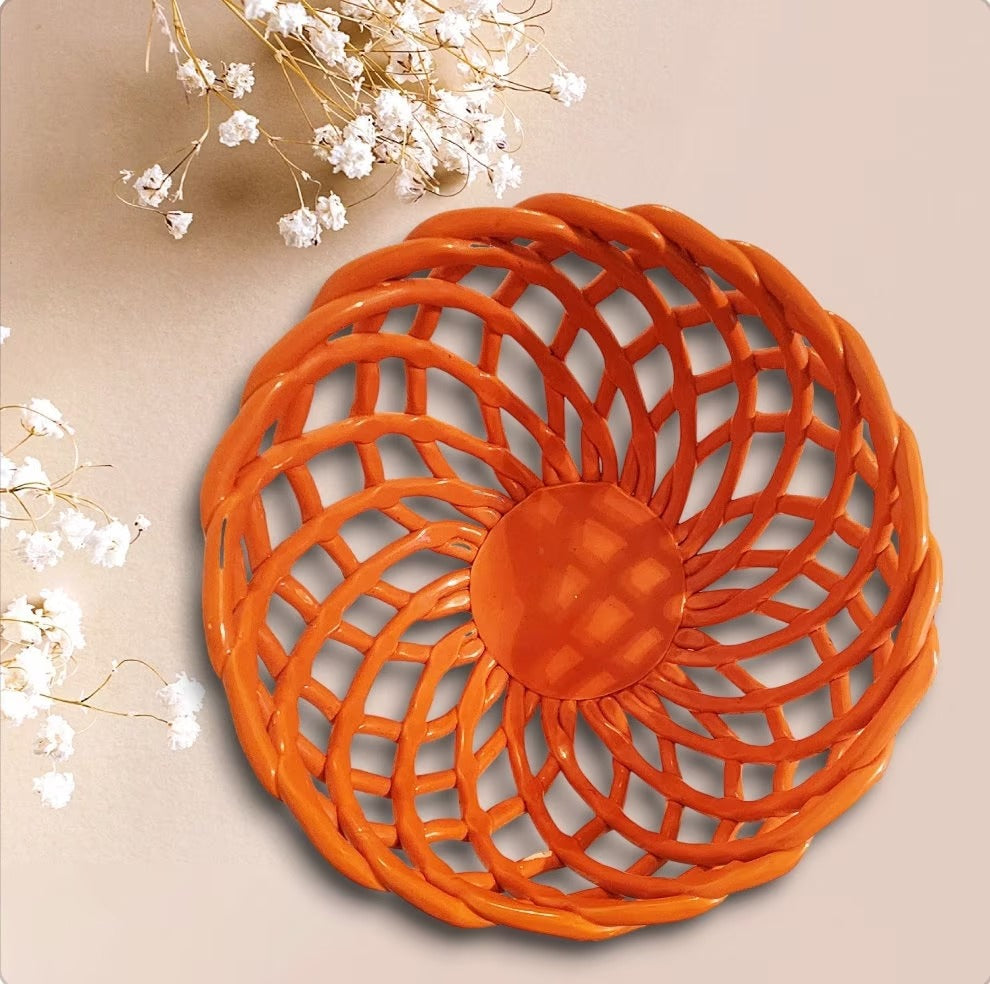 Orange Porcelain Open Weave Woven Ceramic Decorative Lattice Fruit Bread Bowl Basket, ROUND ~ 10"D x 5"H - Timeless Treasures Emporium1