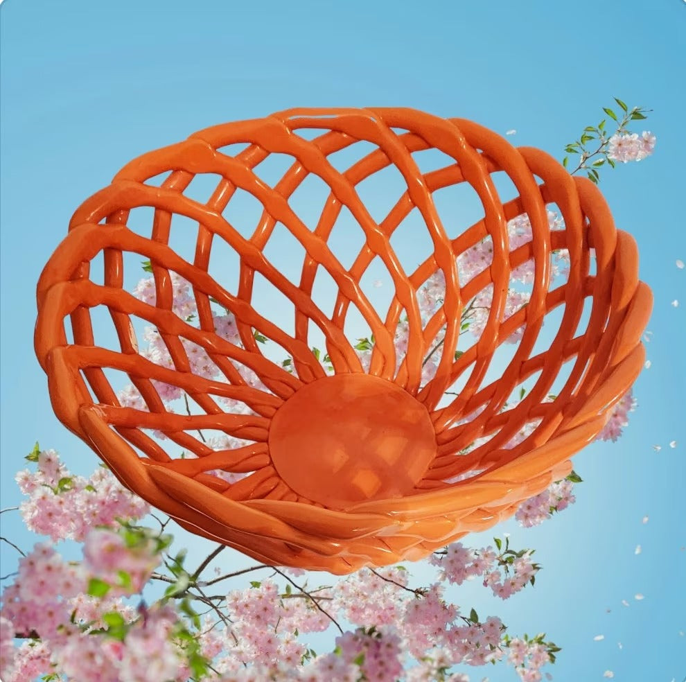 Orange Porcelain Open Weave Woven Ceramic Decorative Lattice Fruit Bread Bowl Basket, ROUND ~ 10"D x 5"H - Timeless Treasures Emporium1
