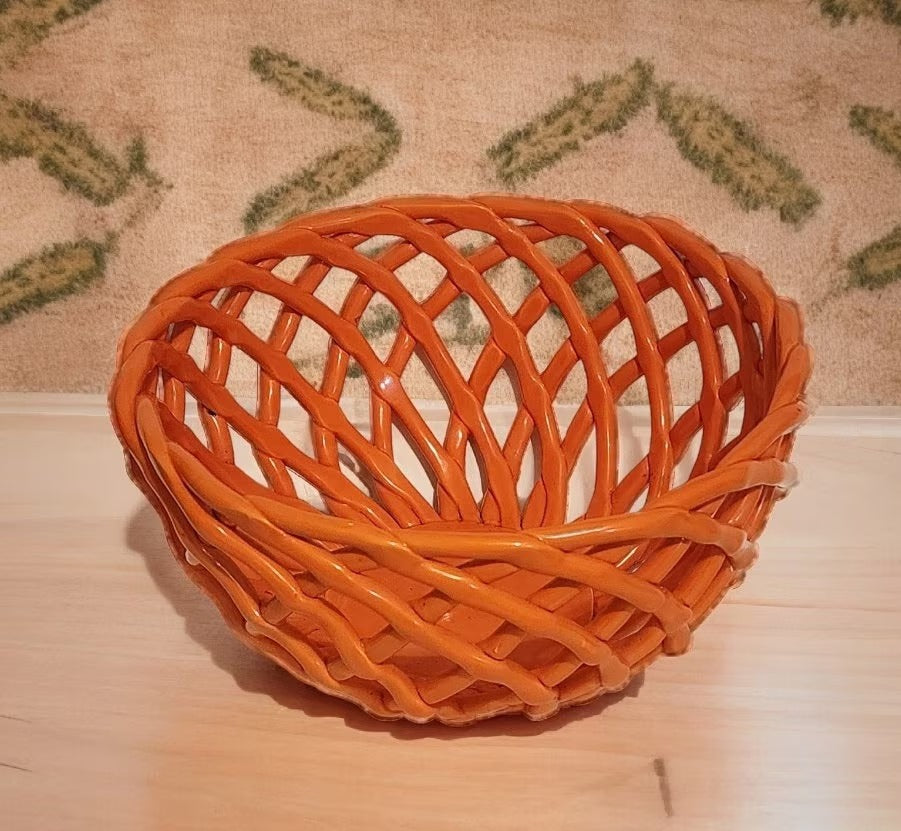 Orange Porcelain Open Weave Woven Ceramic Decorative Lattice Fruit Bread Bowl Basket, ROUND ~ 10"D x 5"H - Timeless Treasures Emporium1