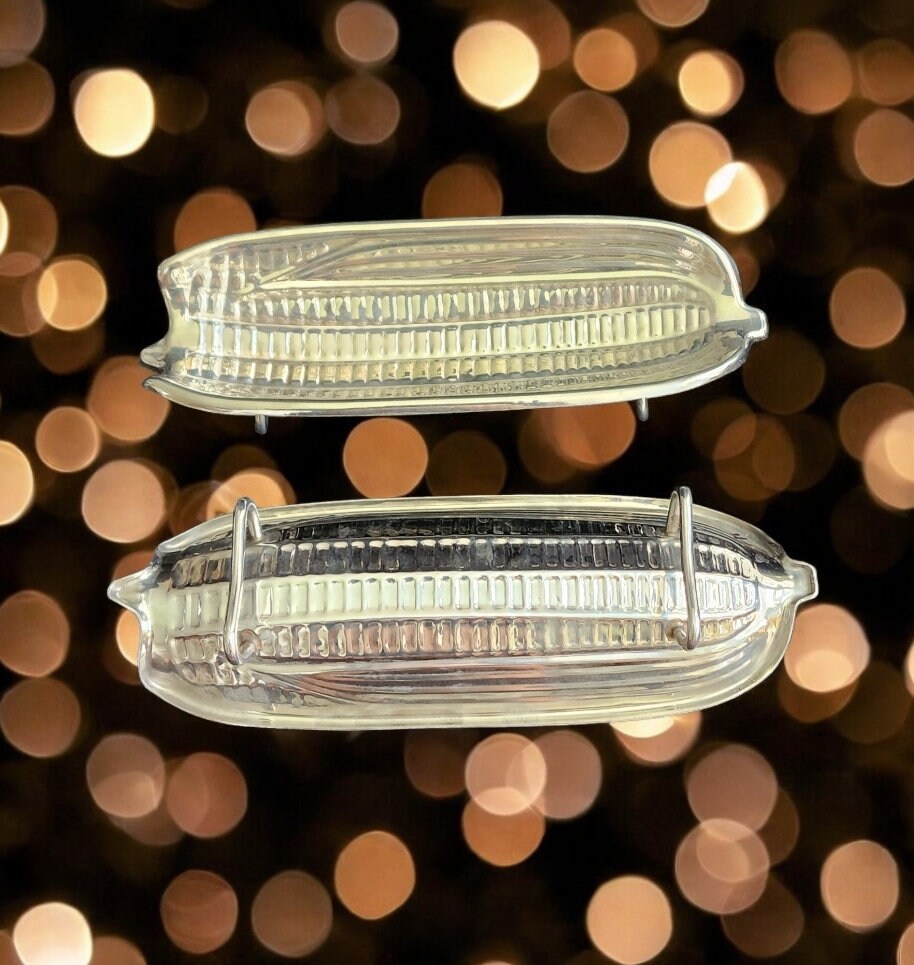 Vintage Stainless Steel Metal Corn Cob Holders Trays/Plates Platter-CORN On The COB /Textured Corn Holders | Glass Corn Dish ~ Set of 2 - Timeless Treasures Emporium1