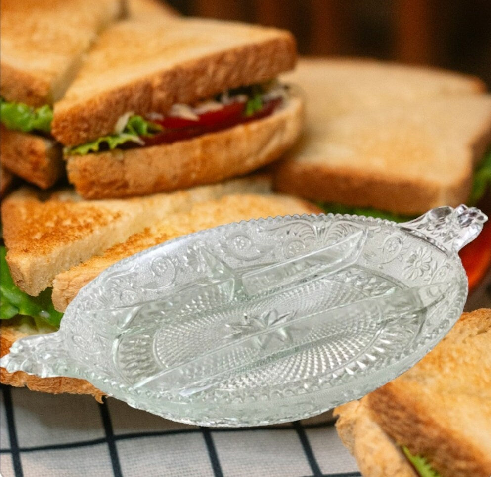 Vintage Depression Clear Glass Handled Sectioned Serving Tray / Platter, Sandwich by Duncan Miller ~ 14"