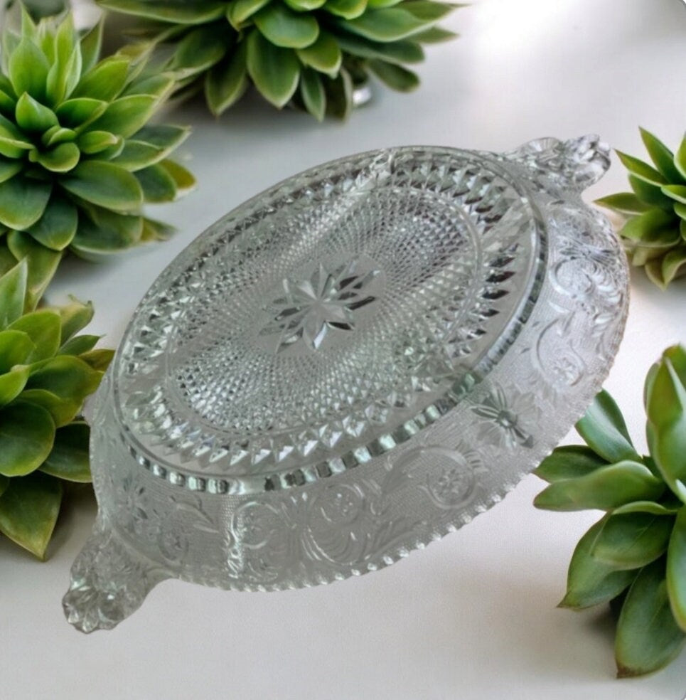 Vintage Depression Clear Glass Handled Sectioned Serving Tray / Platter, Sandwich by Duncan Miller ~ 14"