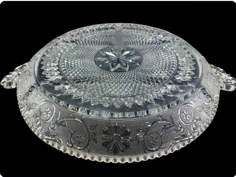 Vintage Depression Clear Glass Handled Sectioned Serving Tray / Platter, Sandwich by Duncan Miller ~ 14"