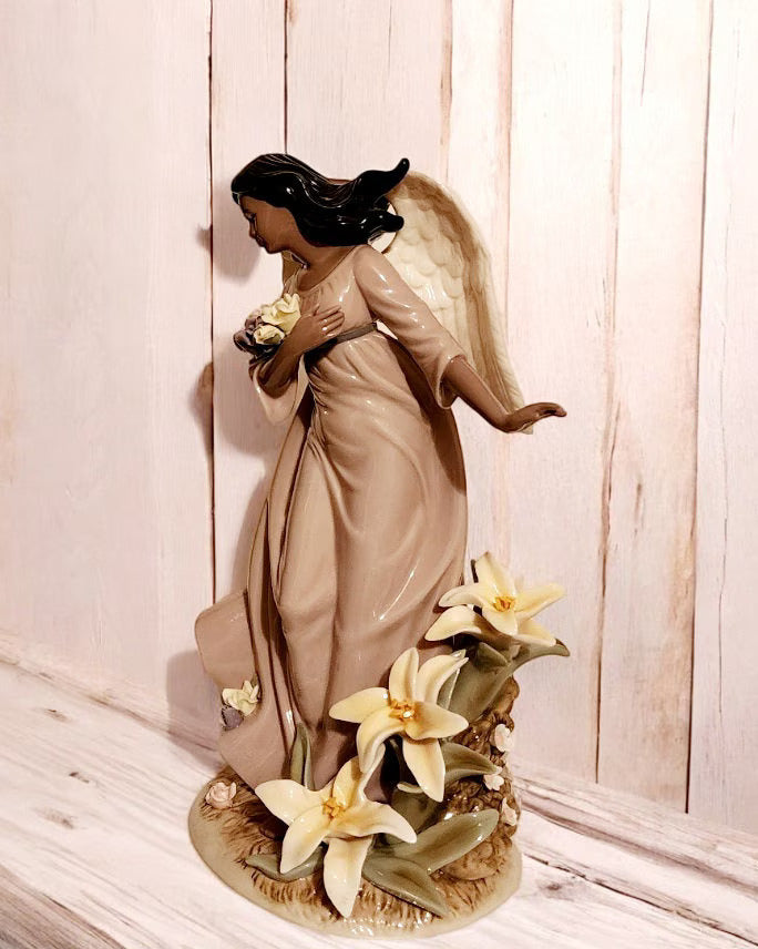 Grandeur Noel Collector's Edition Large Porcelain African American Angel Dark Hair Pink Dress 12.5" - Timeless Treasures Emporium1