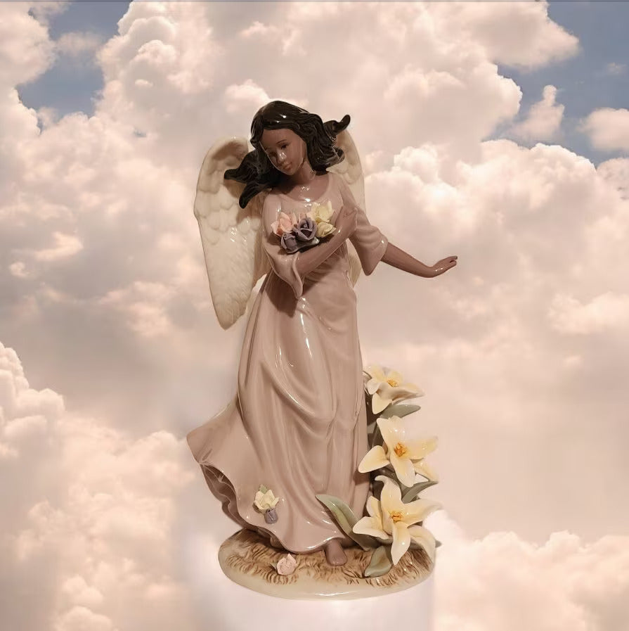 Grandeur Noel Collector's Edition Large Porcelain African American Angel Dark Hair Pink Dress 12.5" - Timeless Treasures Emporium1