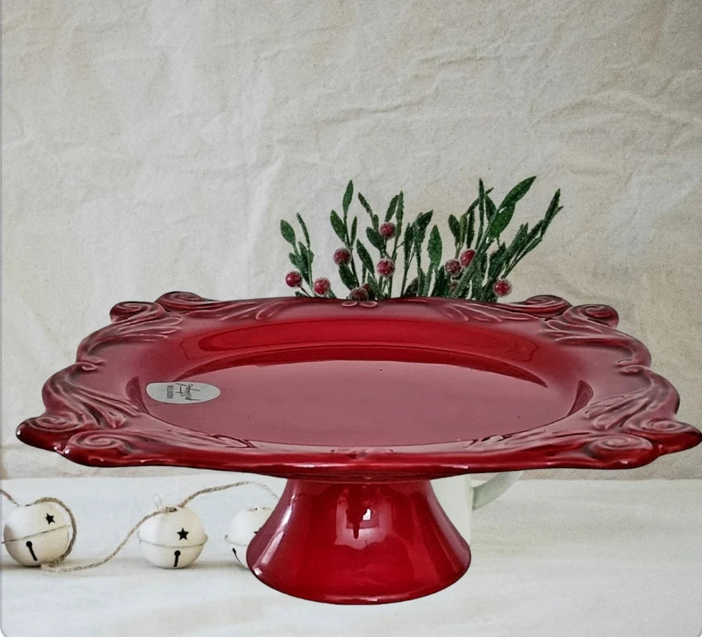 Red Portuguese Ceramic 12.75-inch Square Festive Pedestal Footed Cake/Dessert Plate Stand