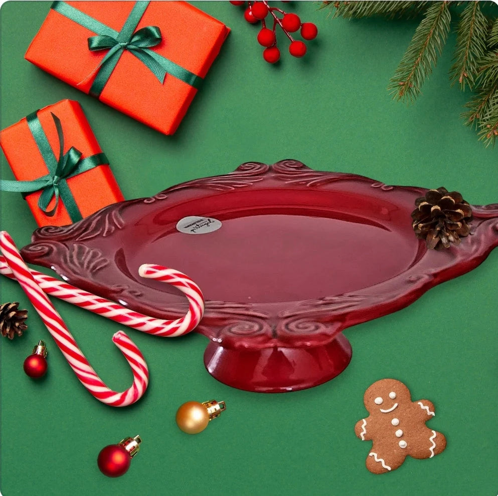 Red Portuguese Ceramic 12.75-inch Square Festive Pedestal Footed Cake/Dessert Plate Stand