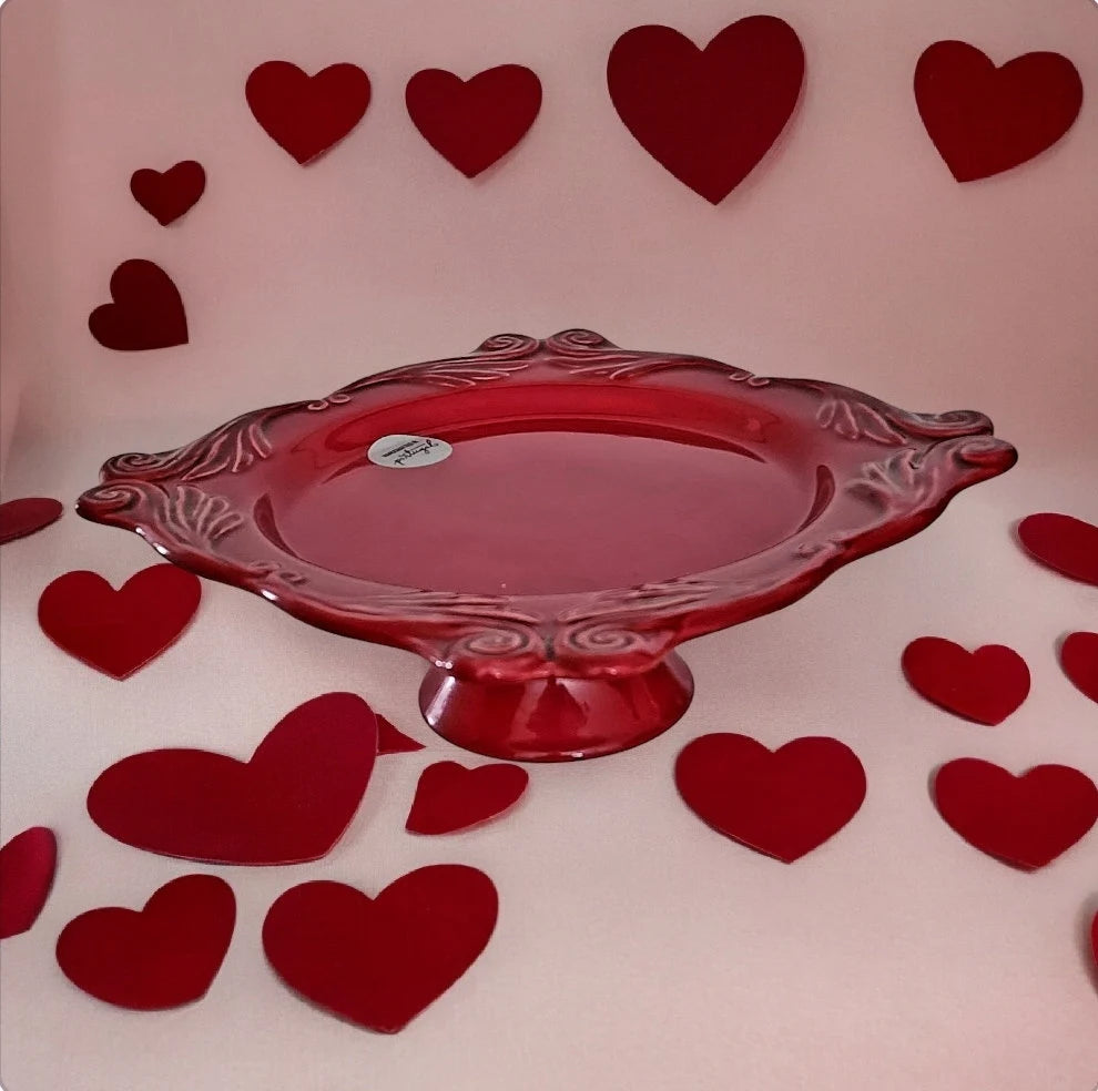 Red Portuguese Ceramic 12.75-inch Square Festive Pedestal Footed Cake/Dessert Plate Stand
