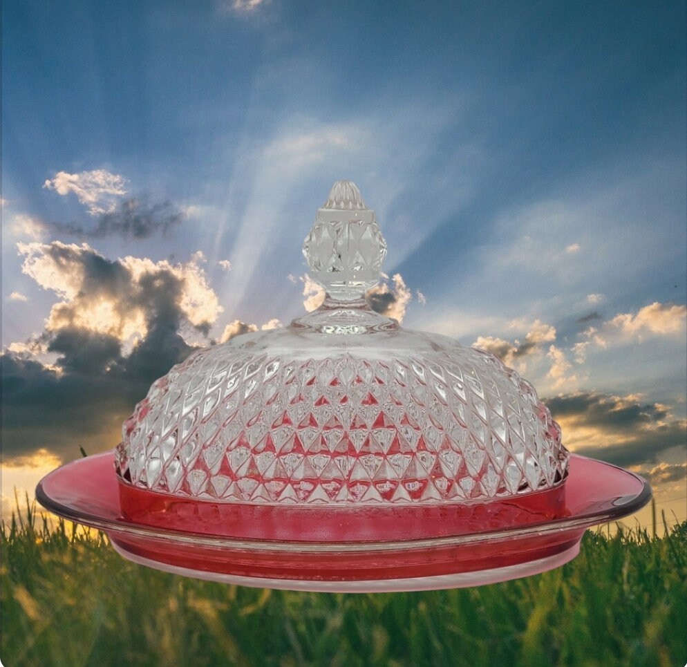 Vintage Indiana Glass Diamond Point Faceted Cranberry Red Flash Oval Large Covered Butter Dish - Timeless Treasures Emporium1
