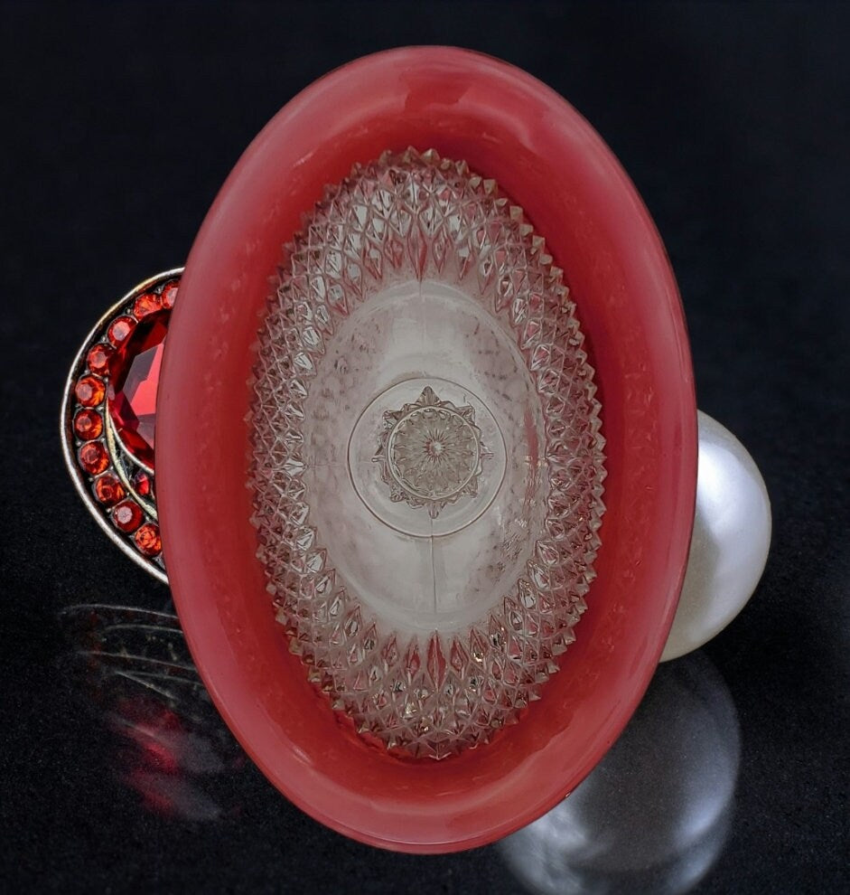 Vintage Indiana Glass Diamond Point Faceted Cranberry Red Flash Oval Large Covered Butter Dish - Timeless Treasures Emporium1