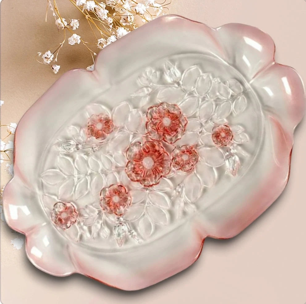 Vintage Mikasa Rosella Round Pink Roses Glass Serving Platter/Plate Embossed with Ruffled Edge - Timeless Treasures Emporium1